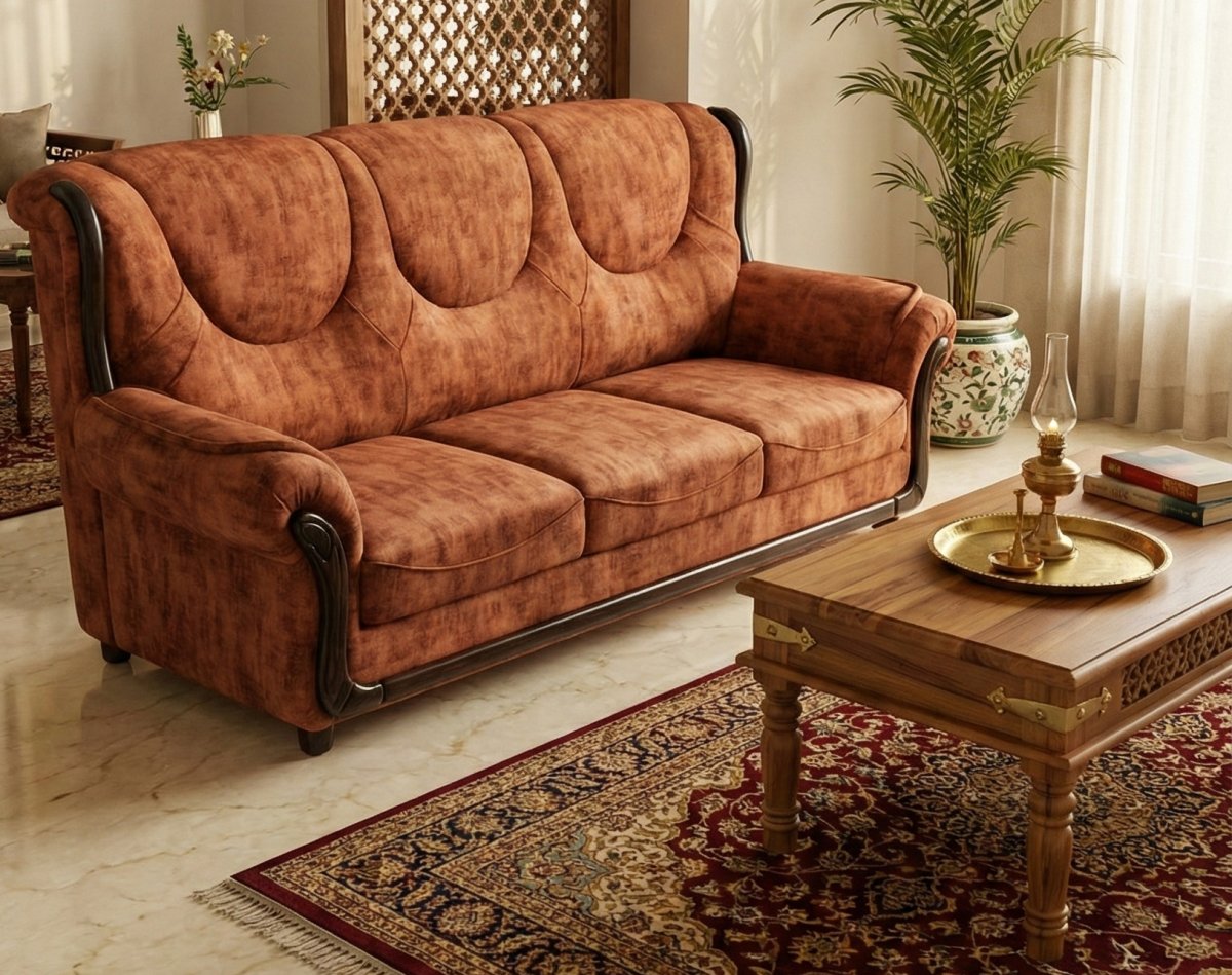 Premium Fabric 3-Seater Sofa with Wooden Accents