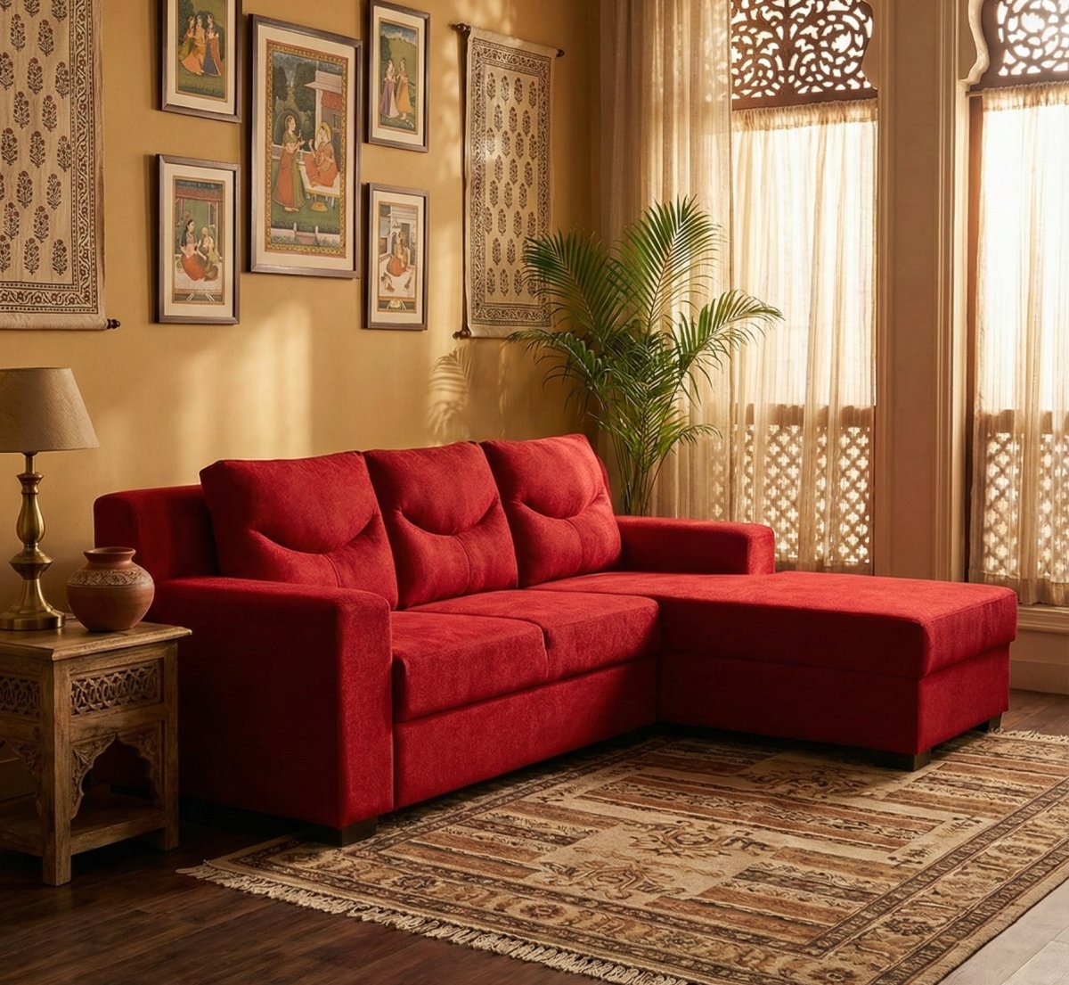 Premium Red L-Shape Fabric Sofa with Chaise
