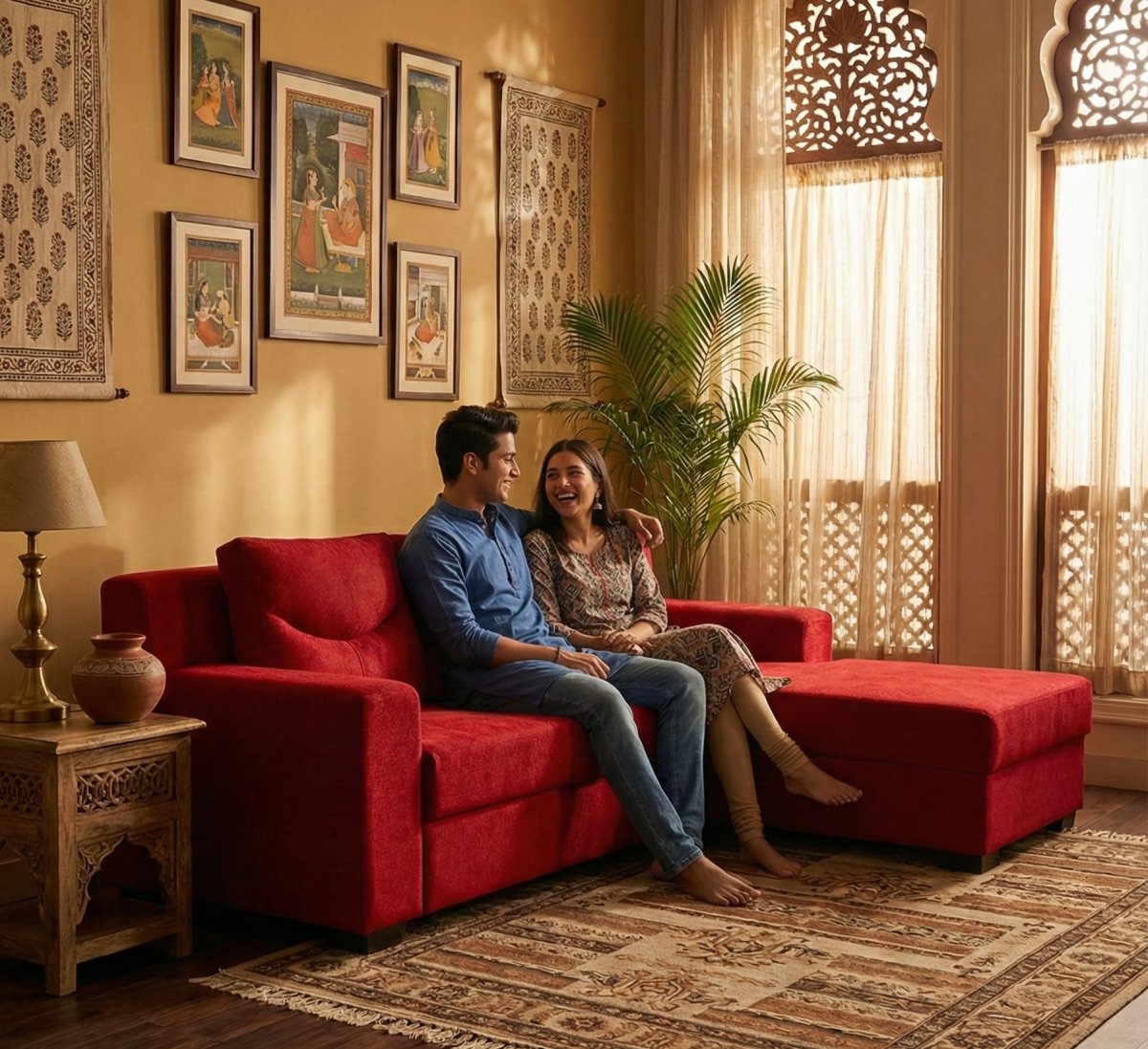 Premium Red L-Shape Fabric Sofa with Chaise - Image 2