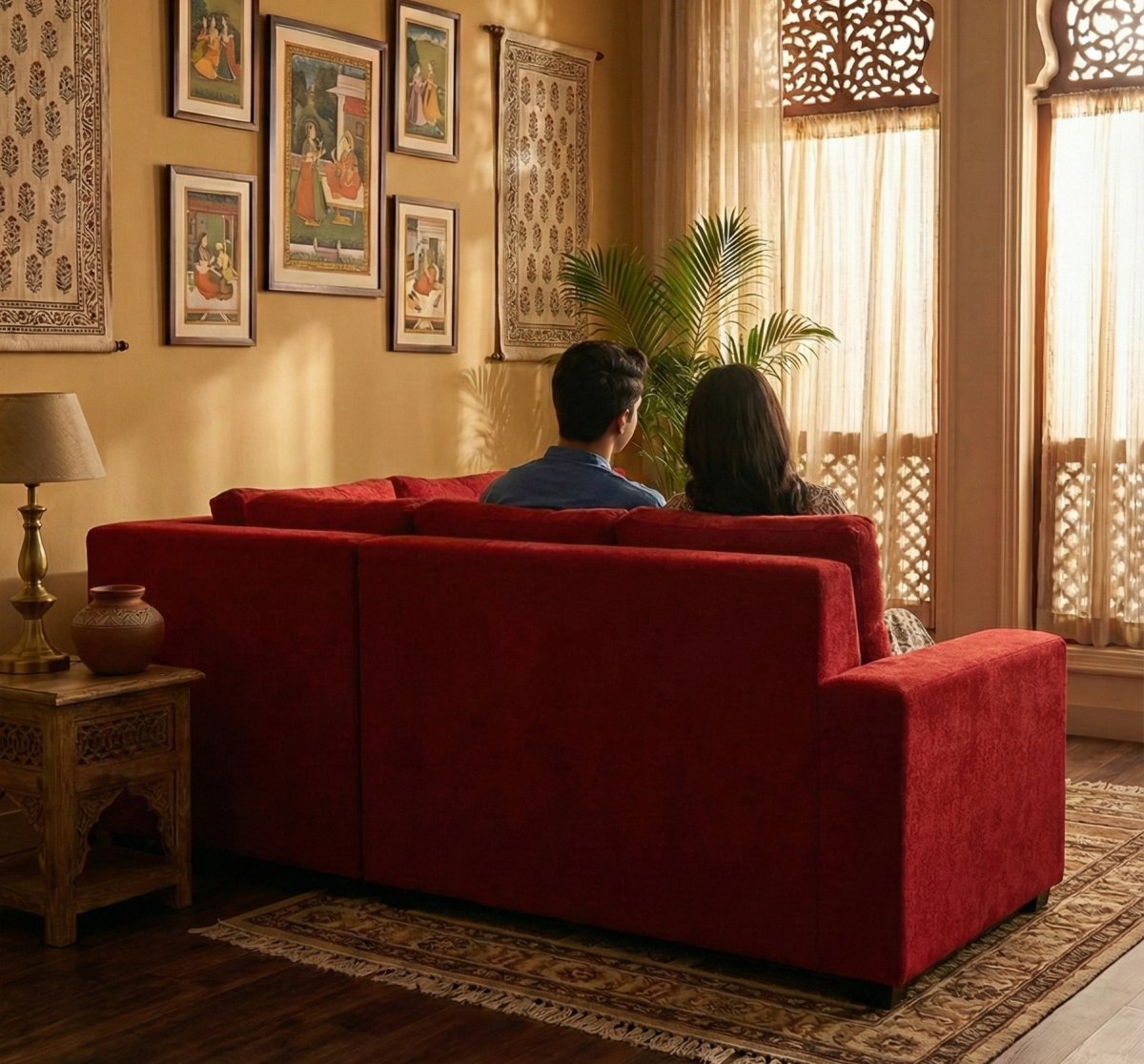 Premium Red L-Shape Fabric Sofa with Chaise - Image 3