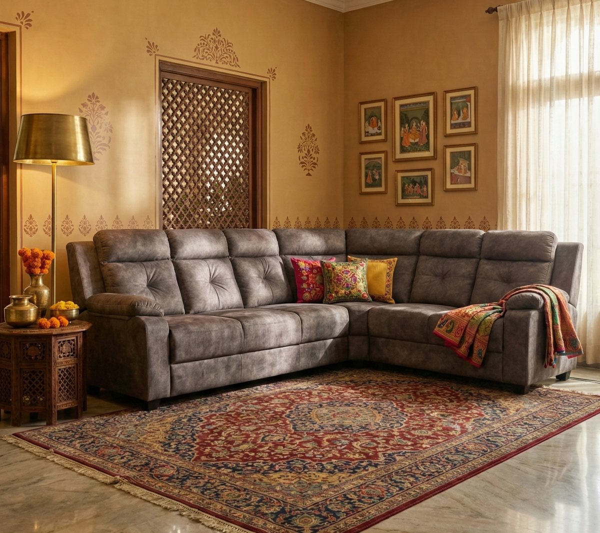 Premium Grey L-Shape Fabric Sofa with Plush Recliner-Style Comfort