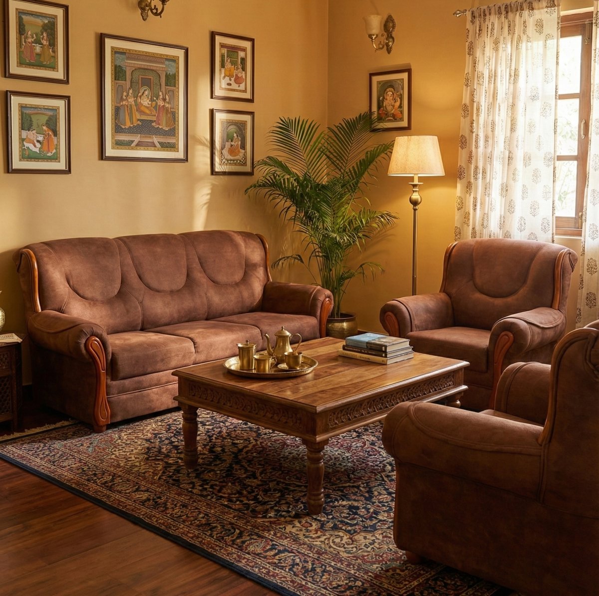 Premium Brown 3+1+1 Fabric Sofa Set with Wooden Accents