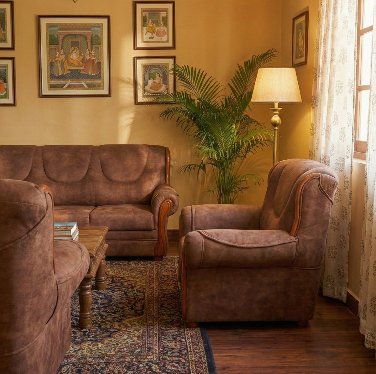 Premium Brown 3+1+1 Fabric Sofa Set with Wooden Accents - Image 2