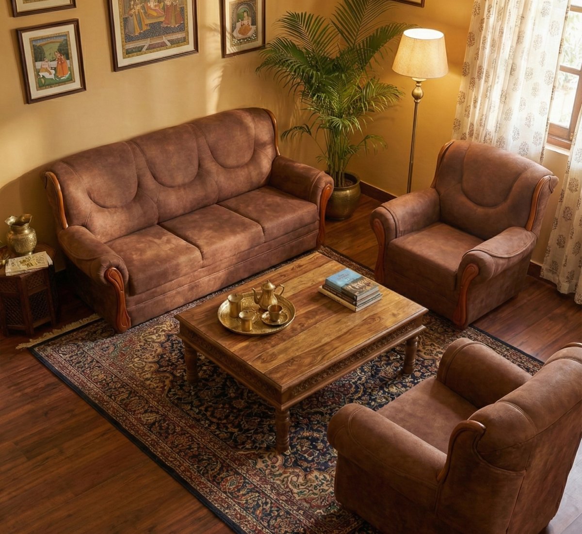 Premium Brown 3+1+1 Fabric Sofa Set with Wooden Accents - Image 3