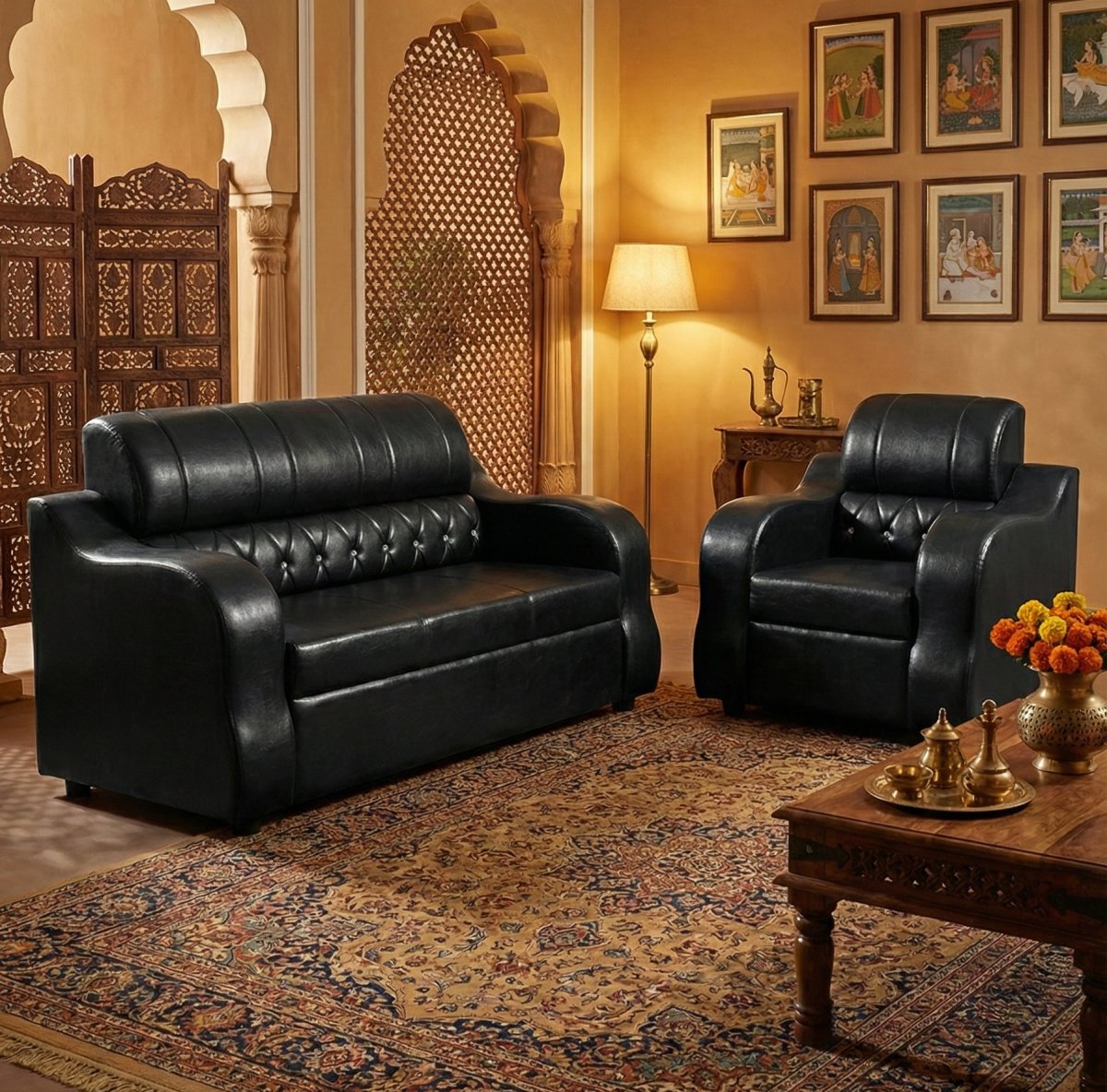 Premium Black Leatherette 3+1 Sofa Set with Elegant Tufted Backrest