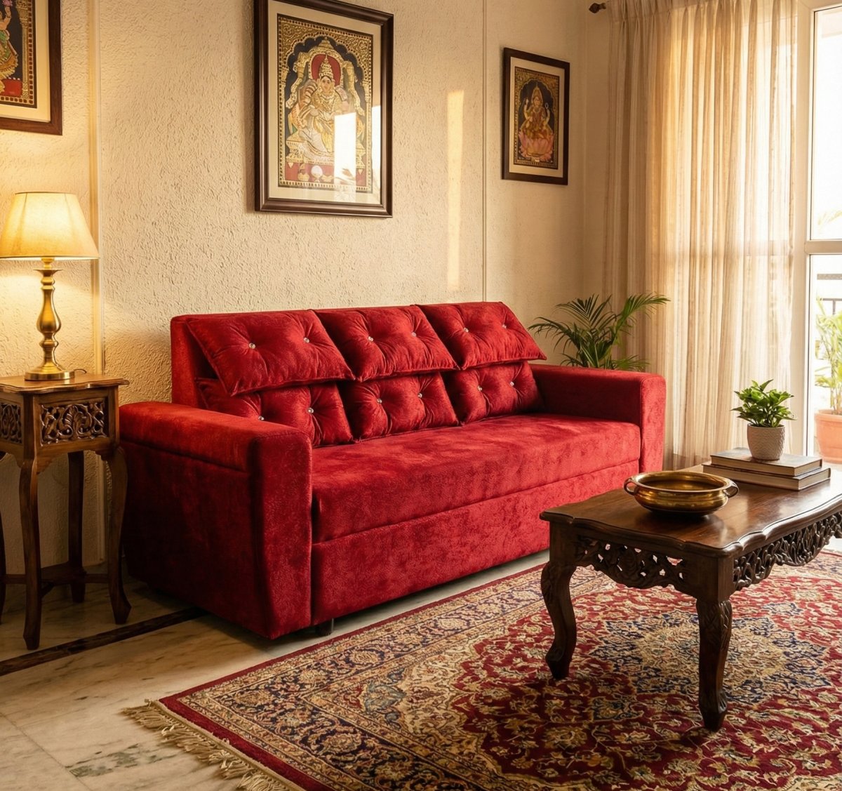 Luxury Red Velvet 3-Seater Sofa with Tufted Backrest