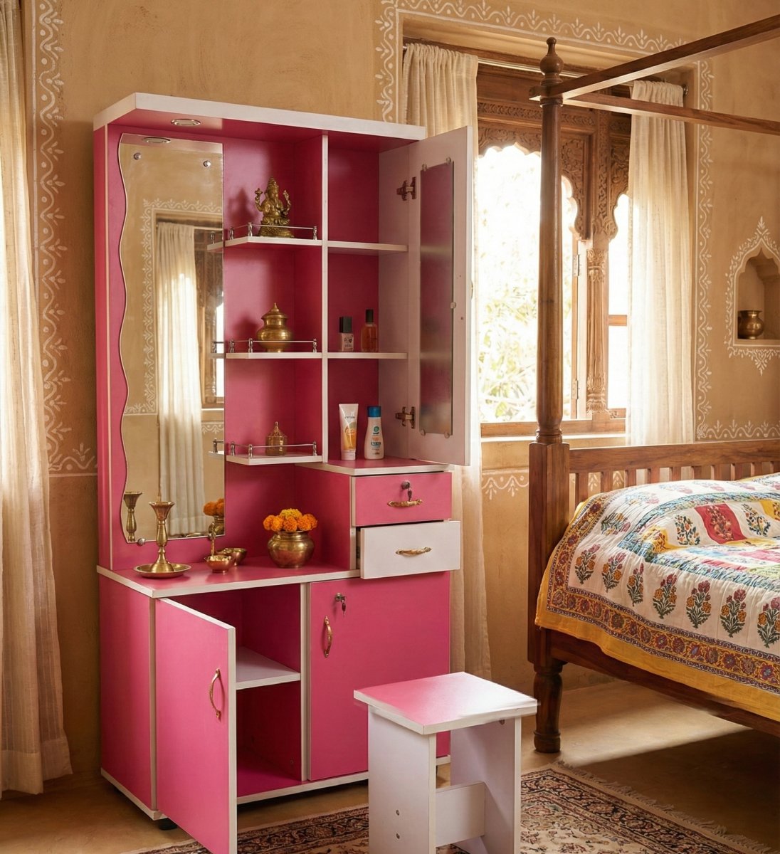 Premium Pink & White Dressing Table with Mirror and Stool - Image 2