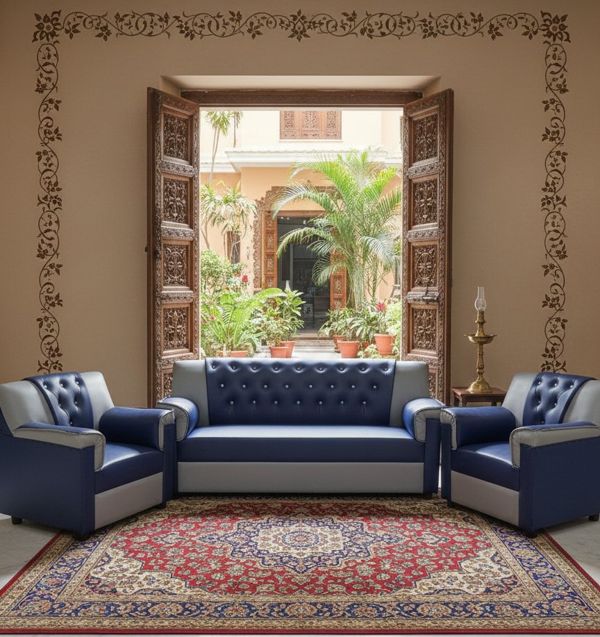 Premium Blue & Grey 3+1+1 Leatherette Sofa Set with Tufted Backrest