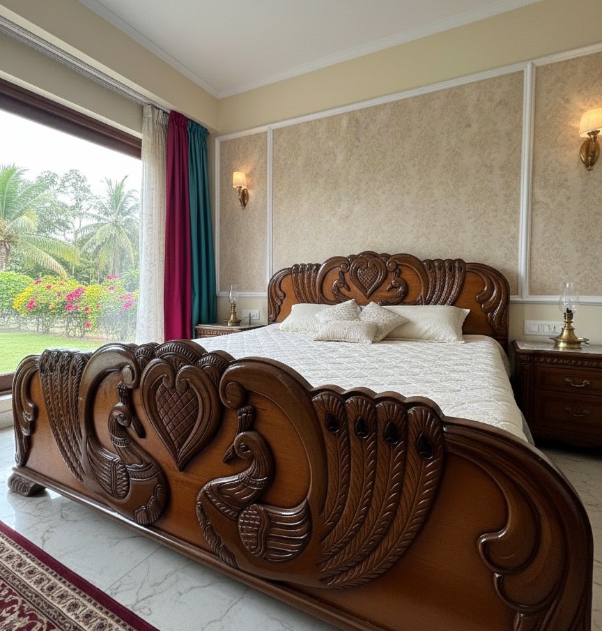 Royal Hand-Carved Solid Wood King Size Bed with Peacock & Floral Motifs