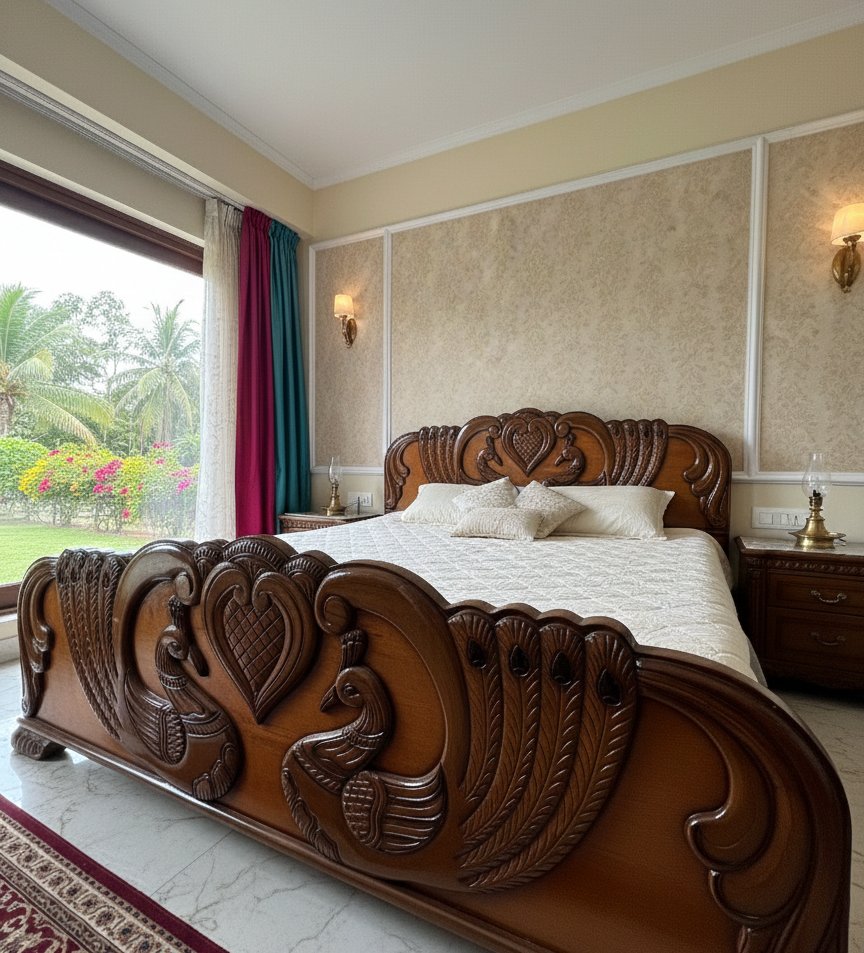 Royal Hand-Carved Solid Wood King Size Bed with Peacock & Floral Motifs - Image 2