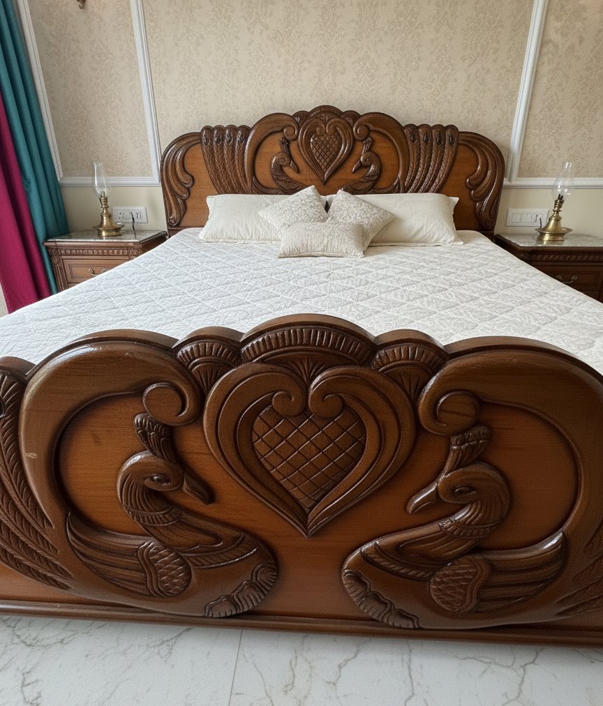 Royal Hand-Carved Solid Wood King Size Bed with Peacock & Floral Motifs - Image 3