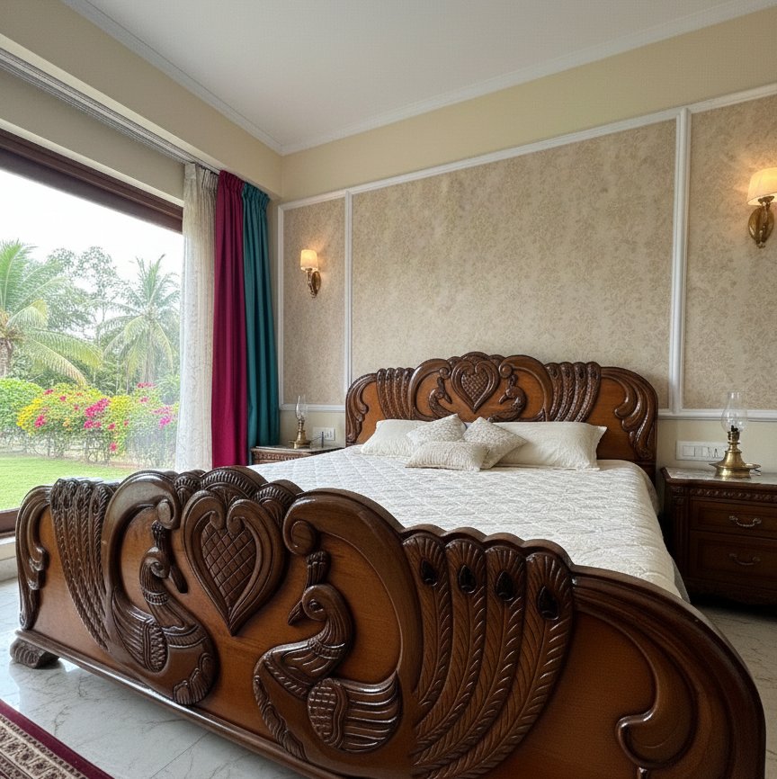 Royal Hand-Carved Solid Wood King Size Bed with Peacock & Floral Motifs - Image 4