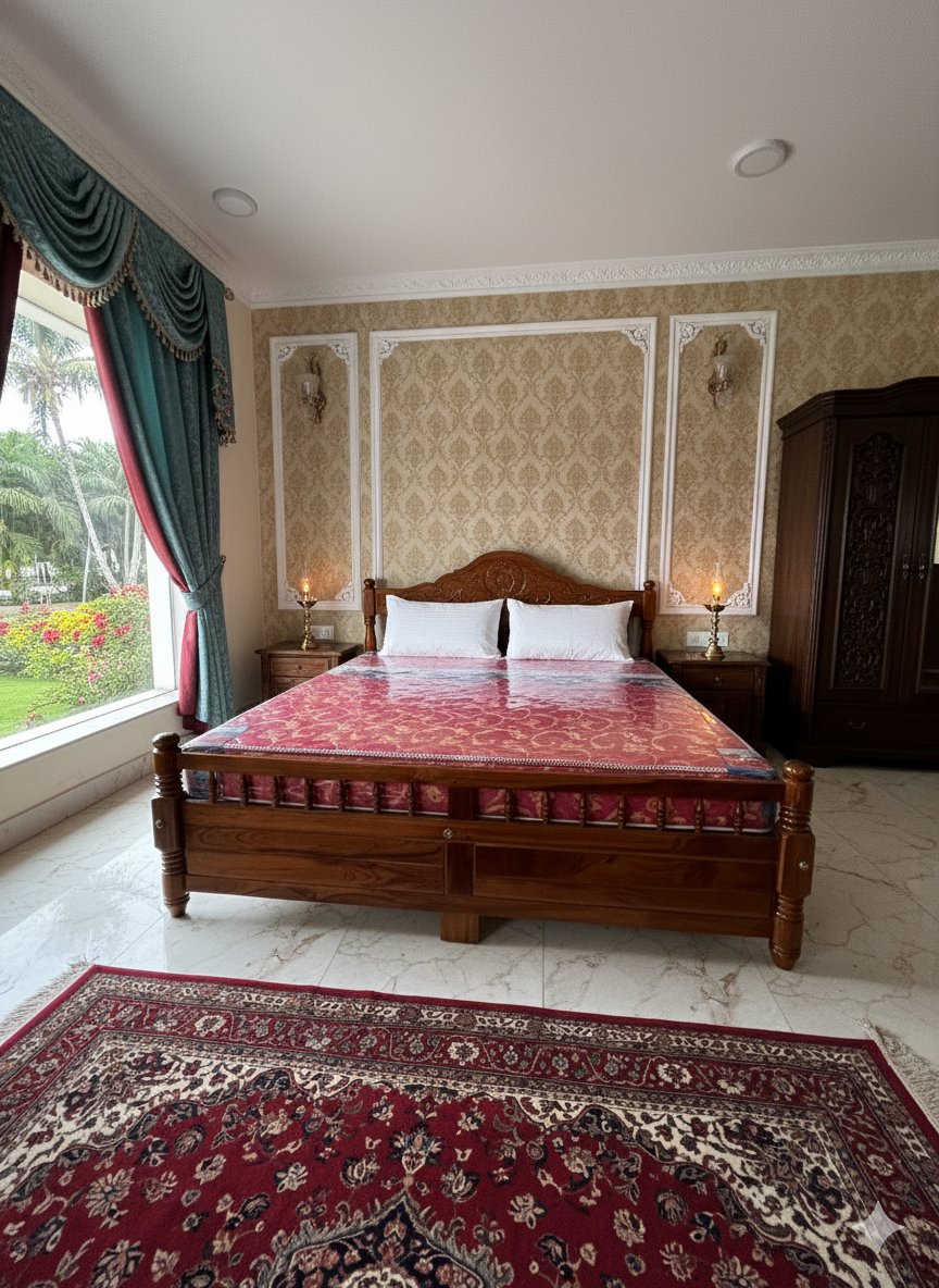 Traditional Solid Wood King Size Bed with Carved Headboard & Spindle Design