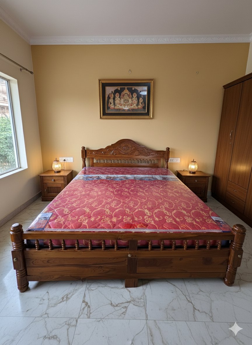 Traditional Solid Wood King Size Bed with Carved Headboard & Spindle Design - Image 2