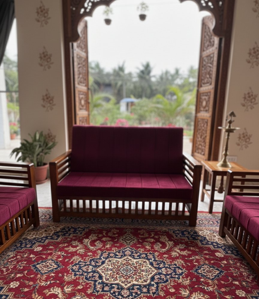 Solid Wood 3-Seater Sofa with Maroon Cushion Seating