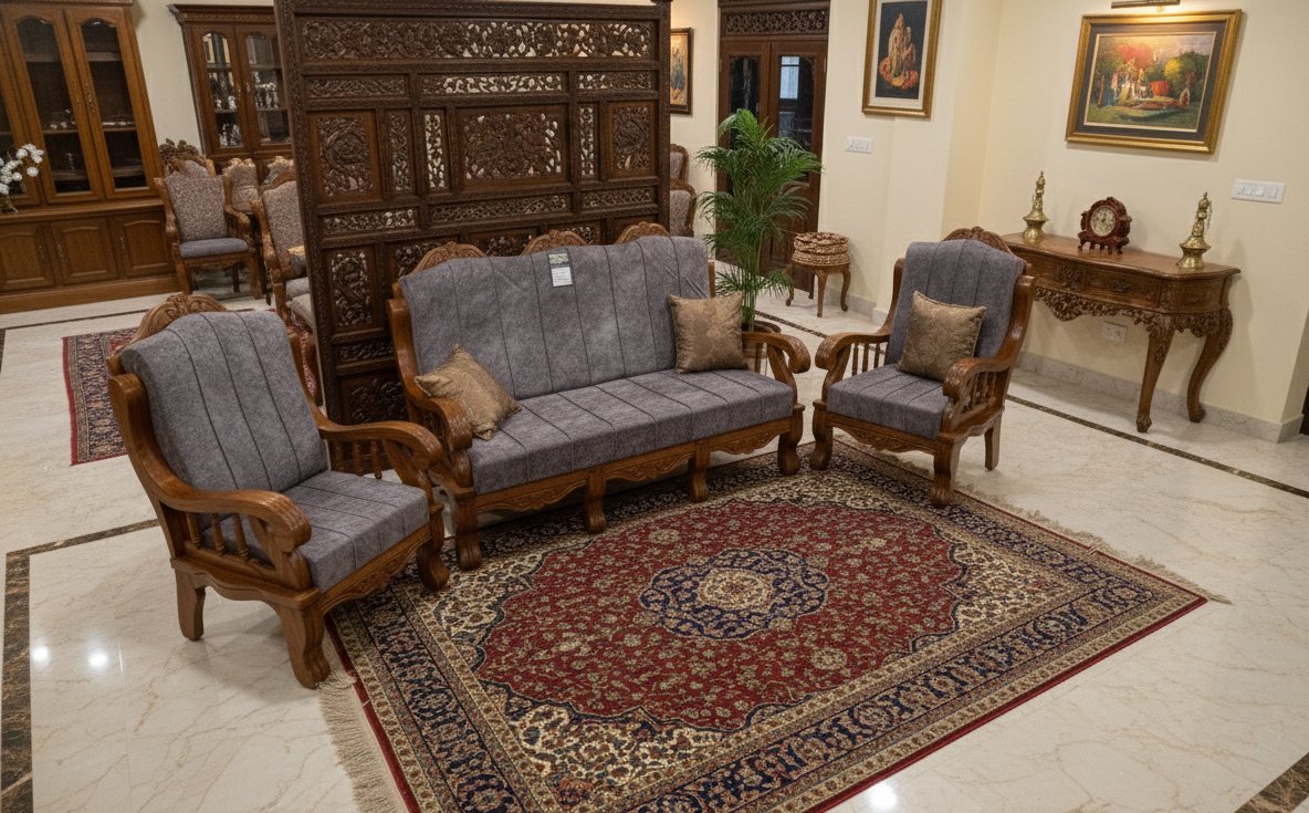 Premium Hand-Carved Solid Wood Sofa Set (3+1+1) with Grey Upholstery