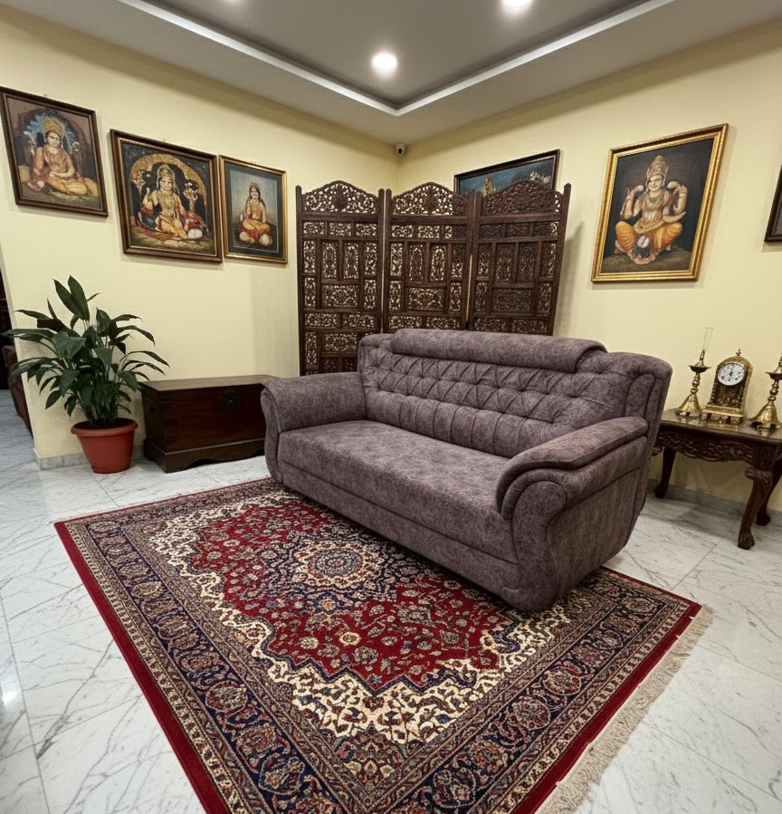 Premium 3-Seater Grey Fabric Sofa with Quilted Backrest