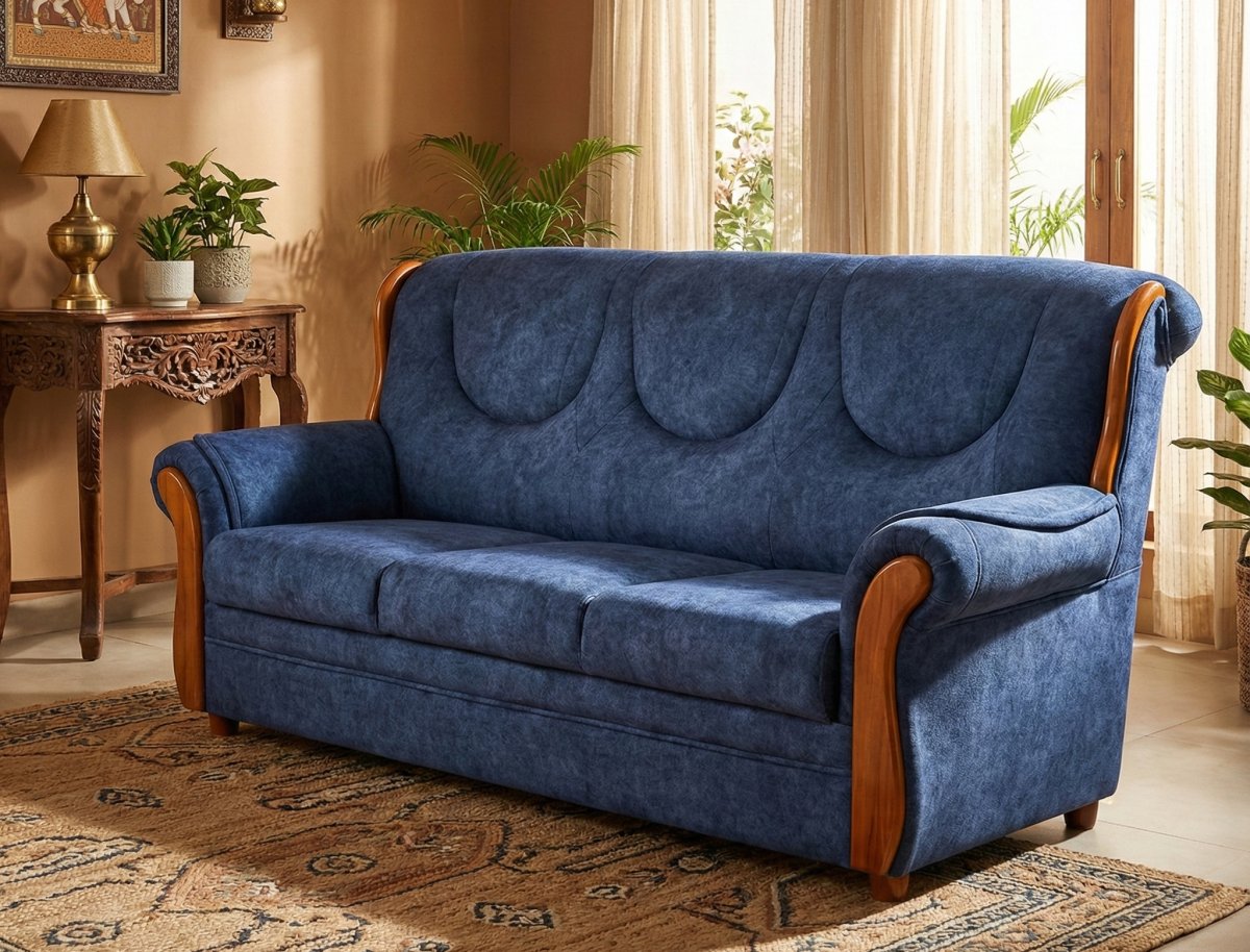 Royal Blue Fabric 3-Seater Sofa with Premium Wooden Arm Accents