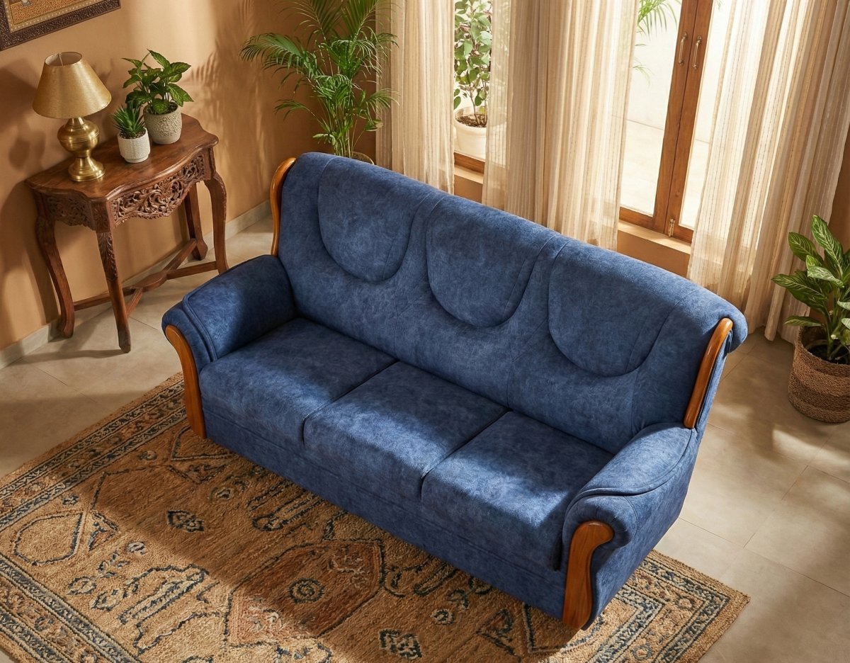 Royal Blue Fabric 3-Seater Sofa with Premium Wooden Arm Accents - Image 2