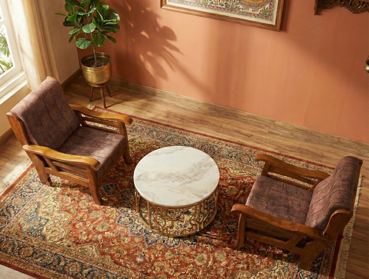 Premium Wooden Sofa Set (3+1+1) with Cushioned Seating & Marble-Top Center Table