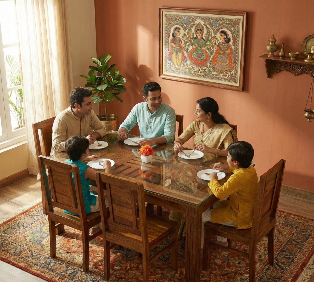 6-Seater Premium Wooden Dining Table Set with Glass Top – Teak Finish