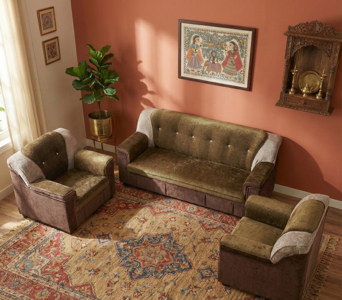 3+1+1 Premium Velvet Fabric Sofa Set – Olive & Mocha Brown