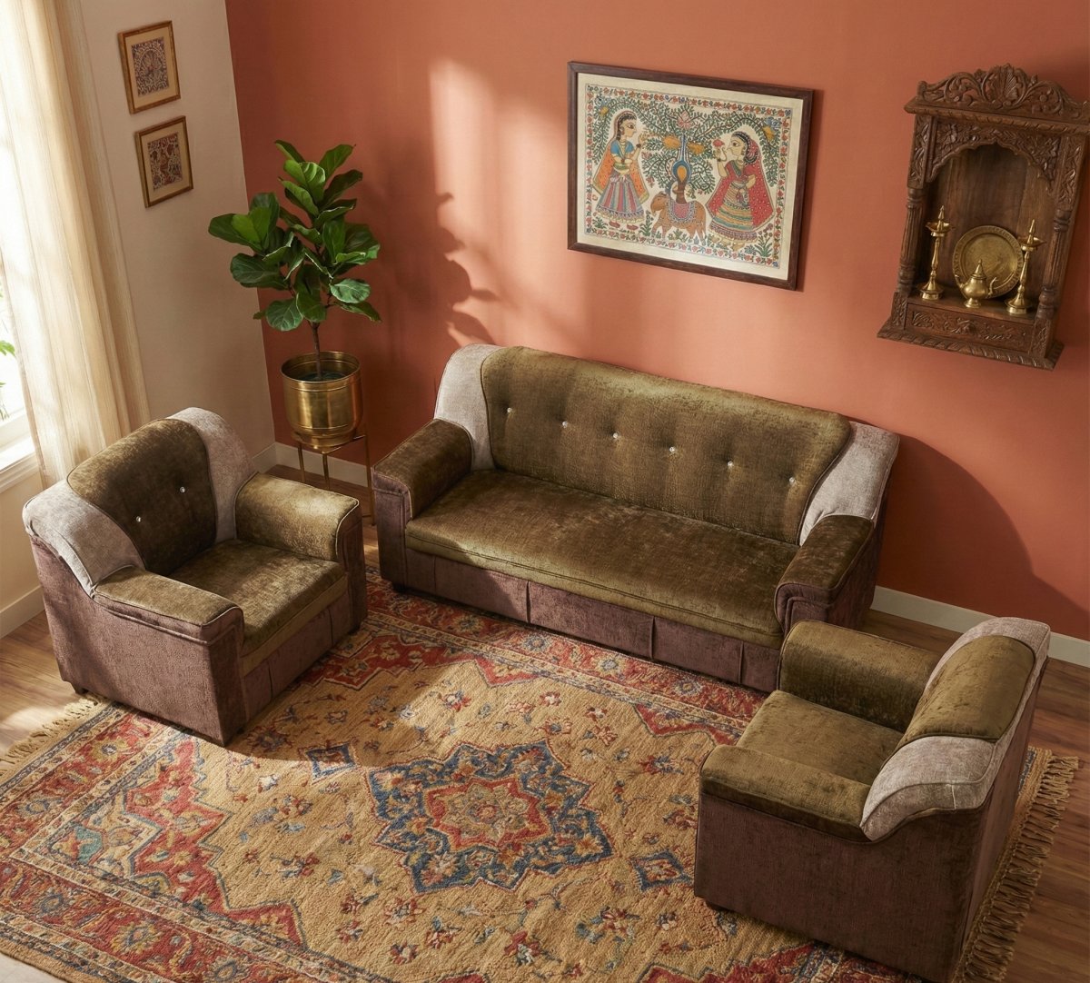 3+1+1 Premium Velvet Fabric Sofa Set – Olive & Mocha Brown - Image 2