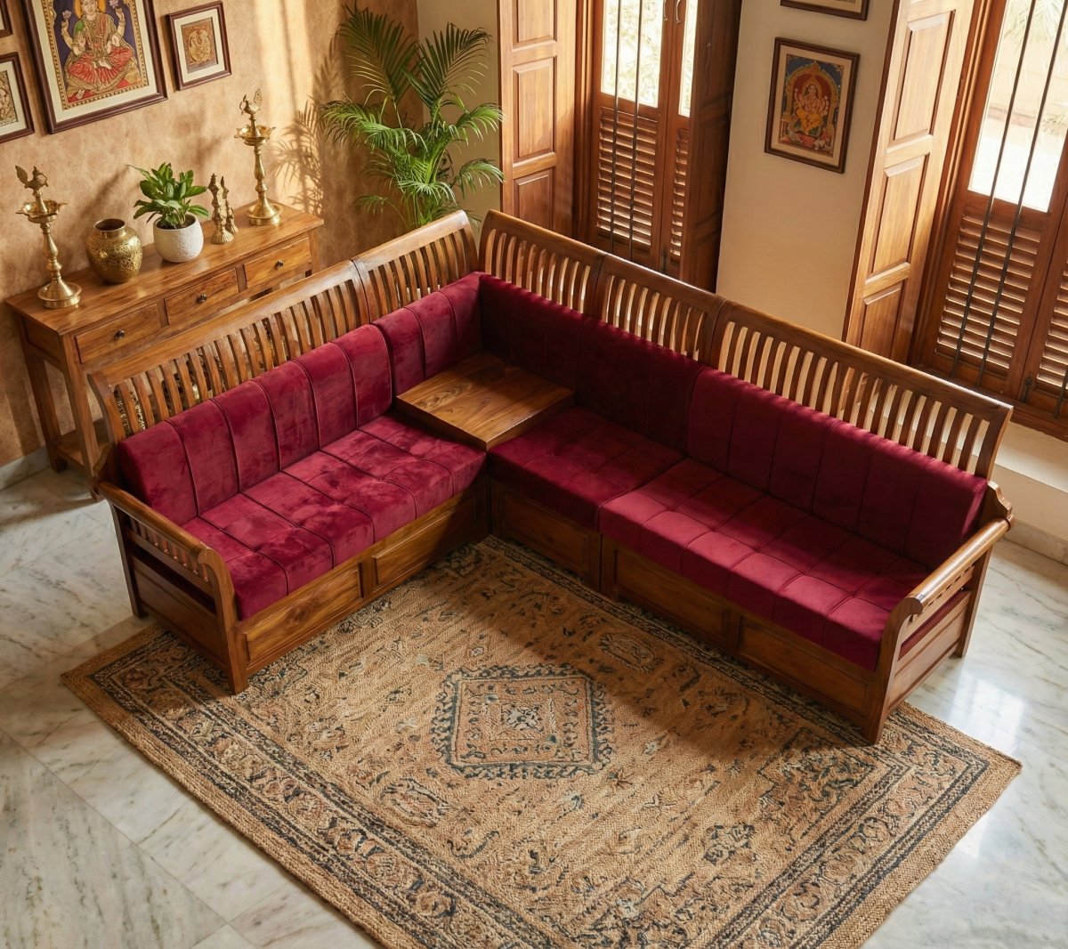 Premium Solid Wood L-Shaped Sofa Set with Maroon Tufted Cushions (3+2 Seater)