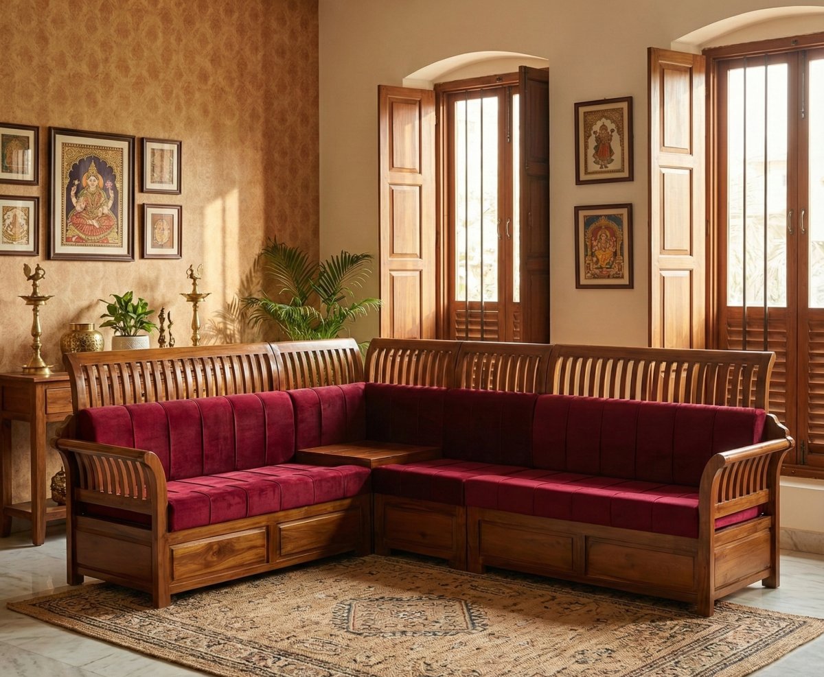 Premium Solid Wood L-Shaped Sofa Set with Maroon Tufted Cushions (3+2 Seater) - Image 2