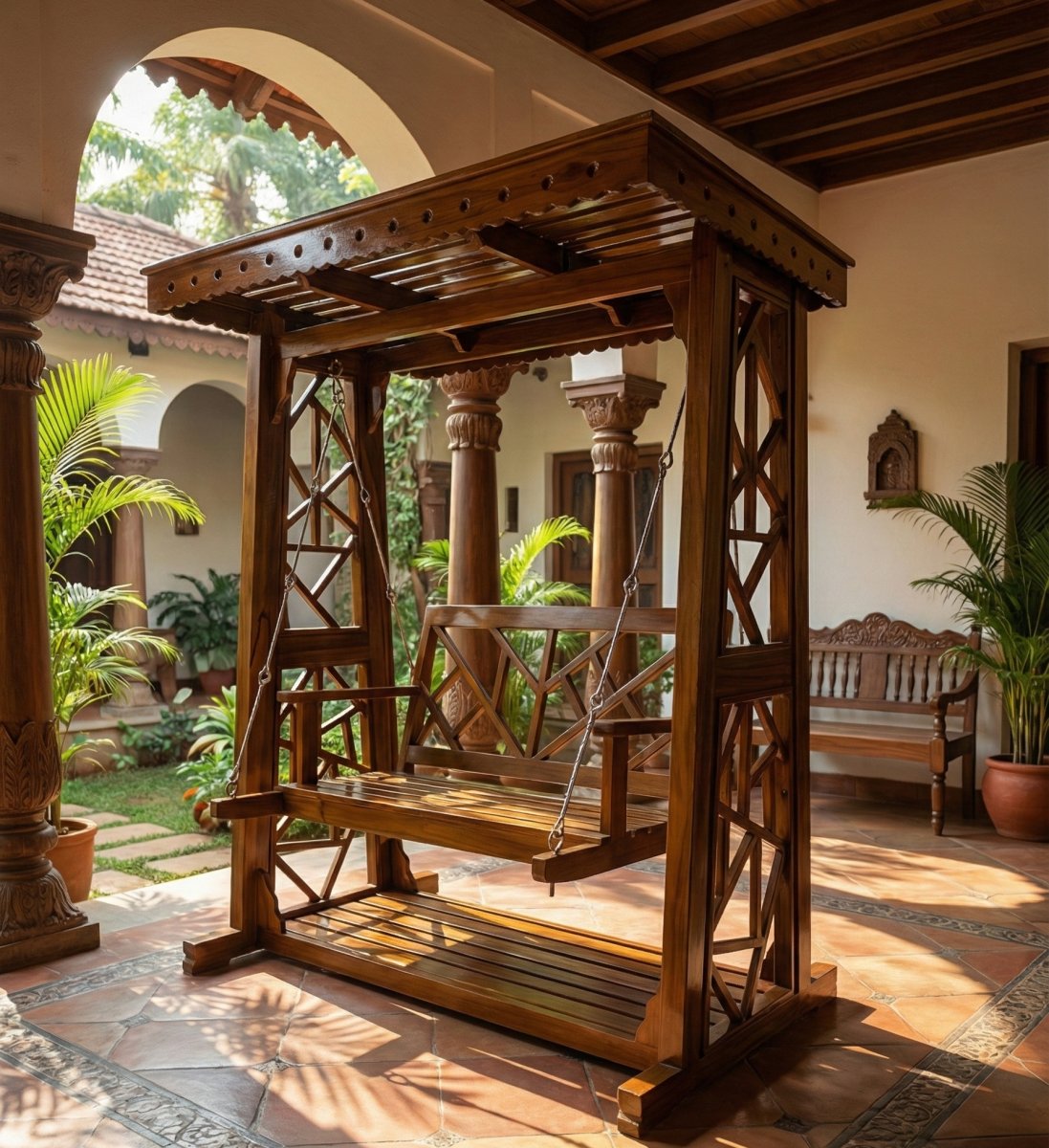 Premium Solid Wood Outdoor & Indoor Swing (Jhula) with Carved Roof and Heavy Chains
