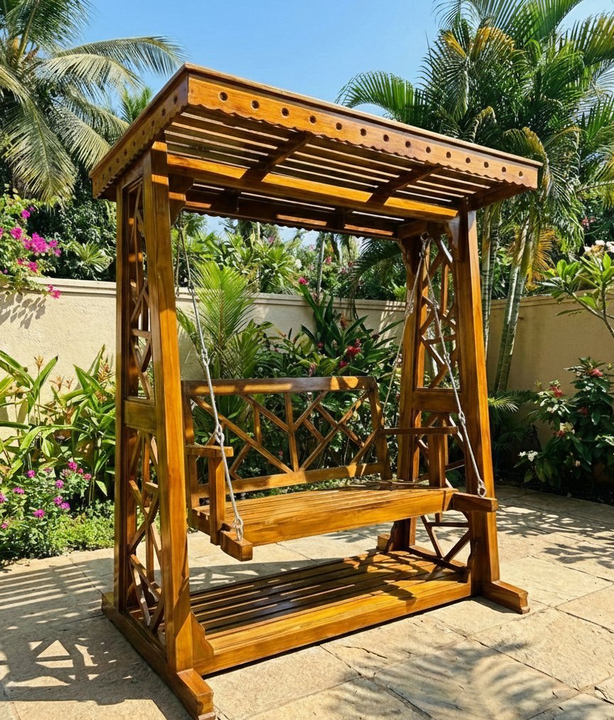 Premium Solid Wood Outdoor & Indoor Swing (Jhula) with Carved Roof and Heavy Chains - Image 3