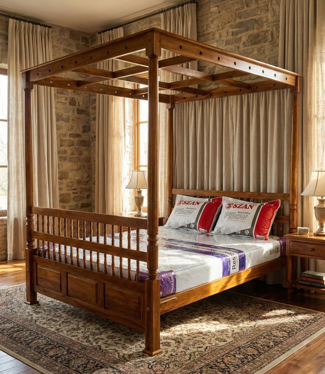 Premium Solid Wood Four-Poster King Size Bed (Canopy Bed) – Handcrafted Classic Design
