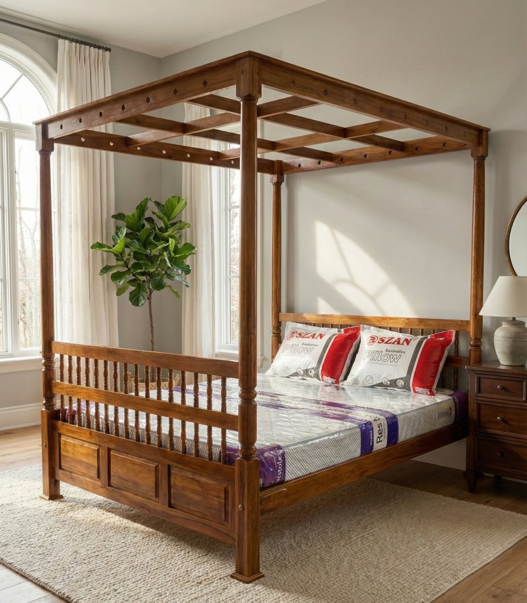 Premium Solid Wood Four-Poster King Size Bed (Canopy Bed) – Handcrafted Classic Design - Image 2