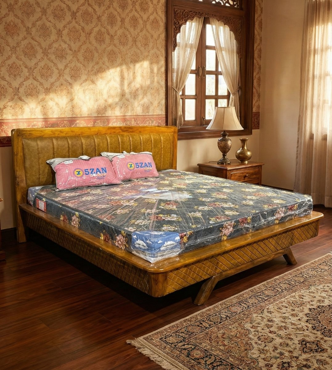 Premium Upholstered Wooden King Size Bed with Diamond-Cut Base Design