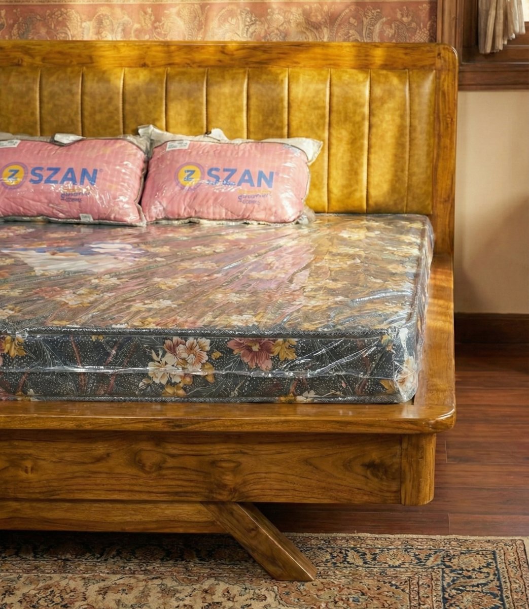 Premium Upholstered Wooden King Size Bed with Diamond-Cut Base Design - Image 3